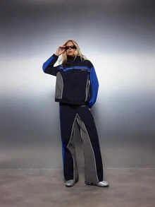 MISSGUIDED 配色拼接防風夾克，立領設計，對比色滾邊，彈性袖口，全開襟拉鍊，復古運動風 - 藍色 - 查看 3
