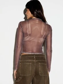 KIZN Crop Top Lengan Panjang Jala Transparan dengan Motif Abstrak Cat Air, Kerah Tinggi, Siluet Pas Badan, Gaya Pesta Festival - MultiWarna - View 2