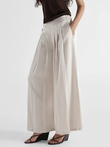 KSTM High Rise Pleated Palazzo Trousers With Satin Finish Wide Leg Full Length Dress Pants With Side Pockets Elegant Summer Evening Style - Apricot - View 3