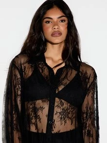 KIZN Floral Lace See-Through Oversized Button-Down Collared Shirt With Long Sleeves And High-Low Hem Sheer Overlay Top - Black - View 5