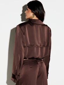 KIZN Cropped Satin Trench Jacket Double Breasted Lapel Collar Welt Pockets Long Sleeve Button Closure Luxe Outerwear - Brown - View 2