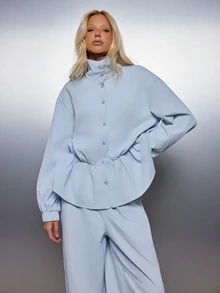 MISSGUIDED Oversized High Neck Button-Up Shirt And Wide Leg Elastic Ankle Co-Ord Set With Ruched Waist Peplum Detail - Baby Blue - View 2