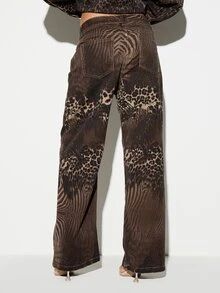 KIZN Celana Jeans Denim Kaki Lebar Motif Hewan Campuran Pinggang Rendah Panjang Penuh Motif Macan Tutul Zebra Buaya Musim Gugur Musim Dingin Celana Cokelat Vintage Dicuci - Coklat - View 2
