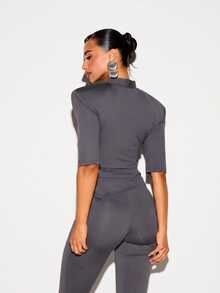 KIZN Structured Shoulder V-Neck Ruched Waist Crop Top With Elbow Length Sleeves - Perfect For Holiday Parties And Evening Occasions - Grey - View 2
