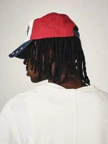 PLAYBOY X SUMWON Collab Color Block Snapback Cap With Star Print Brim And Bunny Logo Americana Style Hat - Red and navy blue - View 2