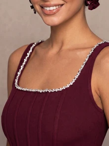 QUIZ Burgundy Diamante Trim Square Neck Corset Bodice Draped Sash Mini Dress, Dresses For Women, Wedding Guest Dress Women, Prom Dress, Party Dress, Special Occasion Formal Dress, Summer Dresses For Women, Summer Outfits For Women, Vacation Outfits Women - Burgundy - View 4