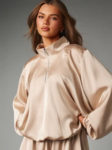 MISSGUIDED Satin Half-Zip Oversized Pullover Top With Stand Collar And Elasticated Cuffs Bubble Hem Luxe Loungewear Party - Beige - View 5