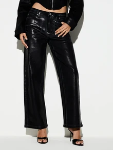 KIZN Black Metallic Shimmer Wide Leg Jeans Low Rise Full Length Velvet Coated Denim Party Night Out Holiday Season - Blue - View 1