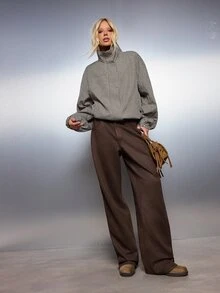 MISSGUIDED Celana Panjang Model Lebar Pinggang Tinggi Bahan Campuran Wol dengan Saku Tempel, Celana Panjang Pas Badan, Cocok untuk Musim Gugur dan Musim Dingin, Warna Cokelat Tua - Coffee Brown - View 2