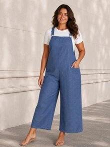 ELLERISSA Plus Size Blue Denim Look Adjustable Strap Wide Leg Pocket Dungaree Jumpsuit - Blue - View 3