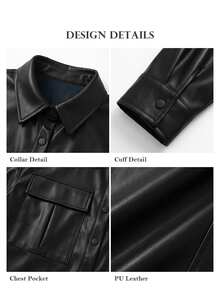 ELLERISSA Plus Size Black Collared Long Sleeve Button Front Faux Leather Shirt Jacket Winter - Black - View 7