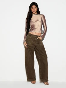 KIZN Crop Top Lengan Panjang Jala Transparan dengan Motif Abstrak Cat Air, Kerah Tinggi, Siluet Pas Badan, Gaya Pesta Festival - MultiWarna - View 4