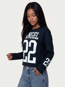 MISSGUIDED TEEN Navy Long Sleeve Graphic Top With ANGEL 22 Varsity Print Crew Neck Fitted Casual Everyday Top - Navy Blue - View 4