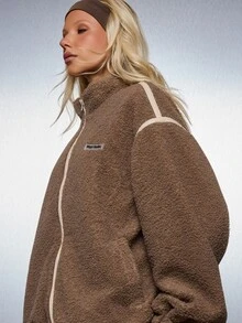 MISSGUIDED Oversized sherpa-fleecejacka med dragkedja, kontrastkant och ståkrage för vinter och höst - Brun - Visa 5