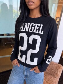 MISSGUIDED TEEN Navy Long Sleeve Graphic Top With ANGEL 22 Varsity Print Crew Neck Fitted Casual Everyday Top - Navy Blue - View 6