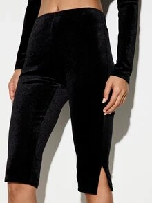 KIZN Velvet Cycling Shorts With Side Splits Low Rise Knee Length Stretch Biker Shorts Holiday Party Night Out Festive Season - Black - View 4