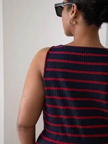 ELLERISSA Plus Size Blue & Red Stripe Round Neck Sleeveless Front Button Waffle Knit Midi Dress - Navy Blue - View 2