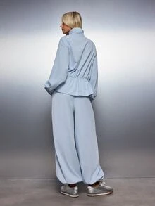MISSGUIDED Oversized High Neck Button-Up Shirt And Wide Leg Elastic Ankle Co-Ord Set With Ruched Waist Peplum Detail - Baby Blue - View 5