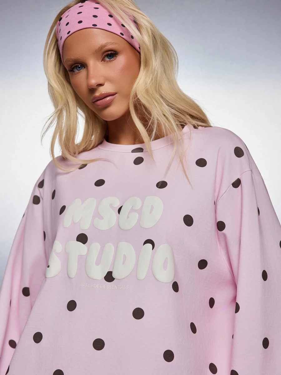 MISSGUIDED Wardrobe Essentials Oversized Polka Dot Sweatshirt Crew Neck Long Sleeve Bubble Logo Print Casual Loungewear Top - Multicolor - View 1