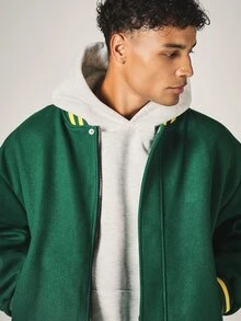 SUMWON NYC 1999 Varsity Jacket Oversized Wool Blend Letterman With Ribbed Cuffs Hem Yellow Stripe Collegiate Back Applique - Dark Green - View 4