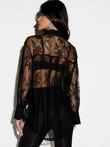 KIZN Floral Lace See-Through Oversized Button-Down Collared Shirt With Long Sleeves And High-Low Hem Sheer Overlay Top - Black - View 2