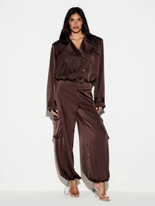 KIZN Cropped Satin Trench Jacket Double Breasted Lapel Collar Welt Pockets Long Sleeve Button Closure Luxe Outerwear - Brown - View 4