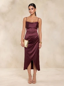 QUIZ Burgundy Satin Cowl Neck Corset Midaxi Dress With Ruched Wrap Skirt And Front Split, Elegant Long Dress, Wedding Guest Dress Women, Prom Dress, Party Dress, Summer Dresses For Women, Vacation Outfits Women, Weekend Out Dress - Red - View 7