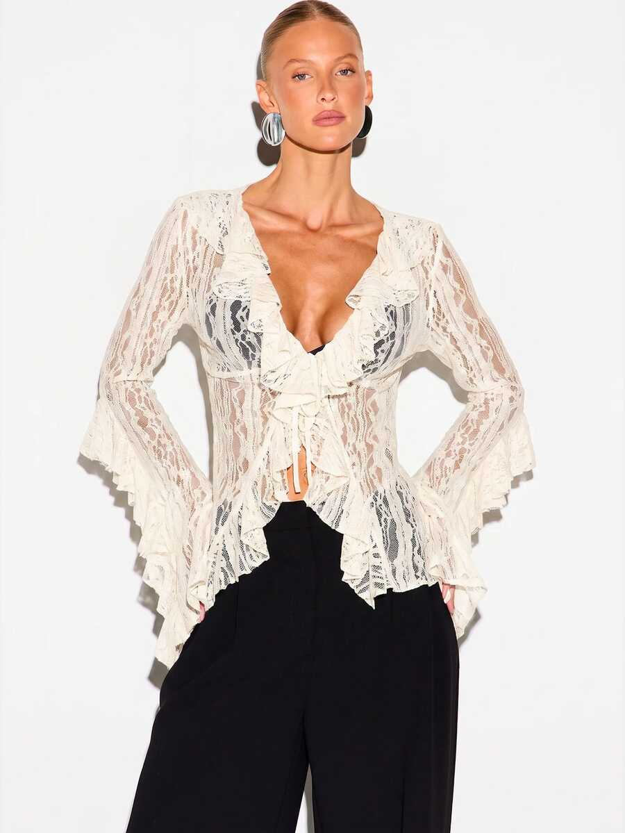 KIZN Sheer Lace Ruffle Front Tie Top With Bell Sleeves And Deep V Neckline For Date Night And Holiday Party - Cream - View 1