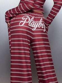 Missguided x Playboy Bunny Logo Striped Wide Leg Casual Pants With Drawstring Waist And Script Bum Print Full Length - Multicolor - View 3