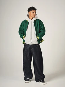 SUMWON NYC 1999 Varsity Jacket Oversized Wool Blend Letterman With Ribbed Cuffs Hem Yellow Stripe Collegiate Back Applique - Dark Green - View 3