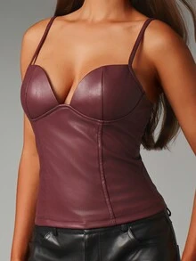 MISSGUIDED Faux Leather Sweetheart Corset Top With Adjustable Straps And Back Zipper Closure Structured Boned Bodice Crop Style - Burgundy - View 4
