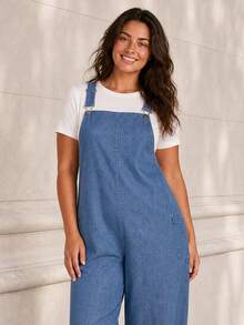 ELLERISSA Plus Size Blue Denim Look Adjustable Strap Wide Leg Pocket Dungaree Jumpsuit - Blue - View 6