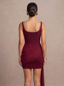 QUIZ Burgundy Diamante Trim Square Neck Corset Bodice Draped Sash Mini Dress, Dresses For Women, Wedding Guest Dress Women, Prom Dress, Party Dress, Special Occasion Formal Dress, Summer Dresses For Women, Summer Outfits For Women, Vacation Outfits Women - Burgundy - View 8