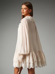 MISSGUIDED Cream Boho Mini Dress With Lace Trim Ruffle Hem Puff Sleeves Lace-Up V-Neck Tiered Skirt Summer Wedding Guest - Apricot - View 2