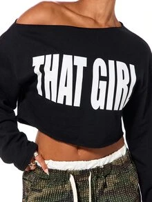 SUMWON WOMEN Oversized Off-Shoulder Crop Sweatshirt With Bold Front Graphic Print And Long Sleeves For Fall Winter - Black - View 4