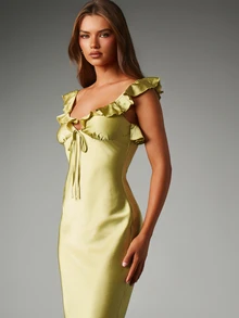 MISSGUIDED Satin Ruffle Neckline Maxi Dress Mermaid Silhouette Open Back Tie Detail Cap Sleeve Formal Evening Gown Bridesmaid Wedding Guest - Olive Green - View 4