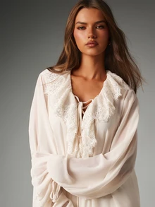 MISSGUIDED Cream Boho Mini Dress With Lace Trim Ruffle Hem Puff Sleeves Lace-Up V-Neck Tiered Skirt Summer Wedding Guest - Apricot - View 5