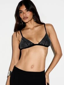 KIZN Rhinestone Embellished Triangle Bralette With Adjustable Spaghetti Straps Hook Back Closure Sparkly Festival Party Crop Top - Black - View 5