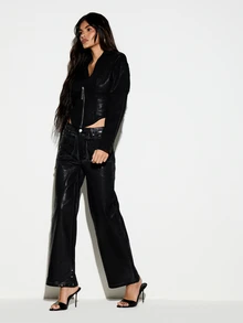 KIZN Black Metallic Shimmer Wide Leg Jeans Low Rise Full Length Velvet Coated Denim Party Night Out Holiday Season - Blue - View 5