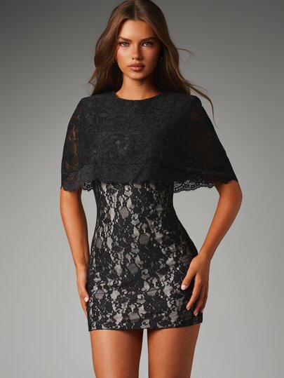 MISSGUIDED Blumen-Spitzen-Minikleid mit figurbetonendem Schnitt, Schmetterlings-Cape-Überwurf, Rundhalsausschnitt, Kurzarm, für Party, Ausgehen und Urlaub