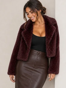 ELLERISSA Plus Size Burgundy Notched Collar Long Sleeve Cropped Faux Fur Coat - Burgundy - View 6