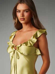 MISSGUIDED Satin Ruffle Neckline Maxi Dress Mermaid Silhouette Open Back Tie Detail Cap Sleeve Formal Evening Gown Bridesmaid Wedding Guest - Olive Green - View 2