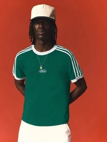 SUMWON Classic Three Stripe Crew Neck Short Sleeve Jersey Tee With Contrast Shoulder Stripes And Ribbed Cuffs - Green - View 3