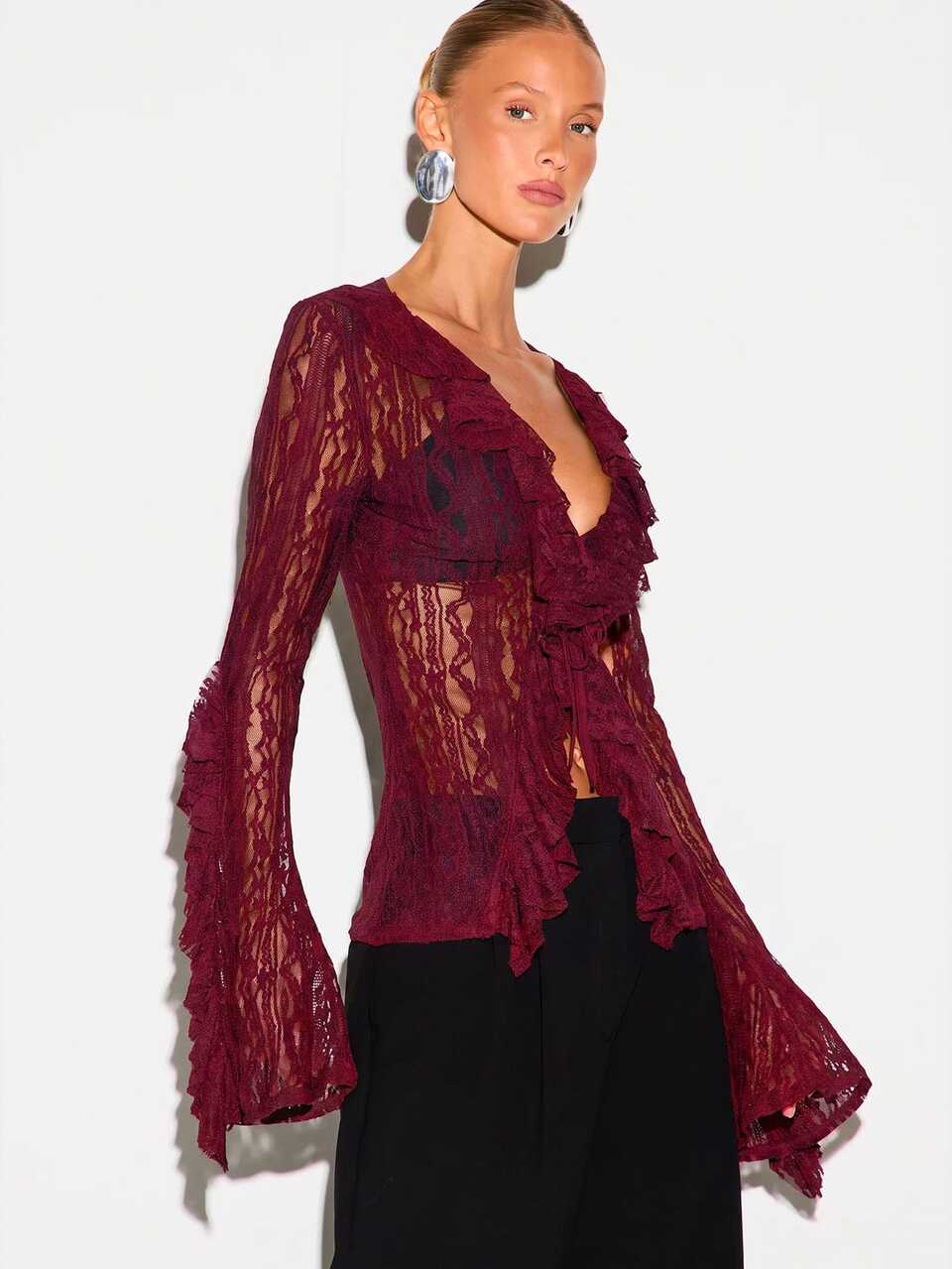 KIZN Sheer Lace Blouse With Ruffle Trim And Bell Sleeves