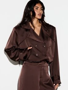 KIZN Cropped Satin Trench Jacket Double Breasted Lapel Collar Welt Pockets Long Sleeve Button Closure Luxe Outerwear - Brown - View 6
