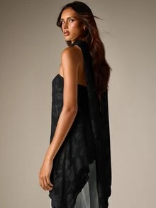 AiiRZ Strapless Halter Neck Jacquard Top With Asymmetric Handkerchief Hem And Open Back Scarf Detail - Black - View 3
