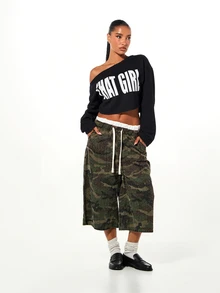 SUMWON WOMEN Oversized Off-Shoulder Crop Sweatshirt With Bold Front Graphic Print And Long Sleeves For Fall Winter - Black - View 3