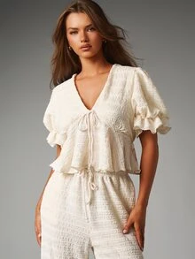 MISSGUIDED Textured Ruffle Blouse And Wide Leg Pants Co-Ord Set V-Neck Puff Sleeve Crop Top Summer Holiday Two-Piece Outfit - Apricot - View 2