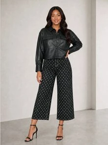 ELLERISSA Plus Size Black Collared Long Sleeve Button Front Faux Leather Shirt Jacket Winter - Black - View 3