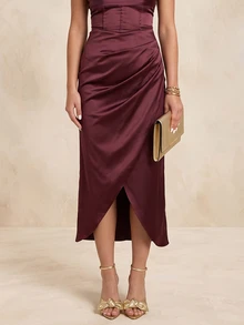QUIZ Burgundy Satin Cowl Neck Corset Midaxi Dress With Ruched Wrap Skirt And Front Split, Elegant Long Dress, Wedding Guest Dress Women, Prom Dress, Party Dress, Summer Dresses For Women, Vacation Outfits Women, Weekend Out Dress - Red - View 5